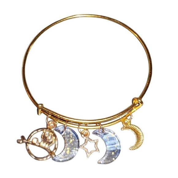 Gold Moon Cat Celestial Adjustable Bangle Charm Bracelet - Picture 1 of 4